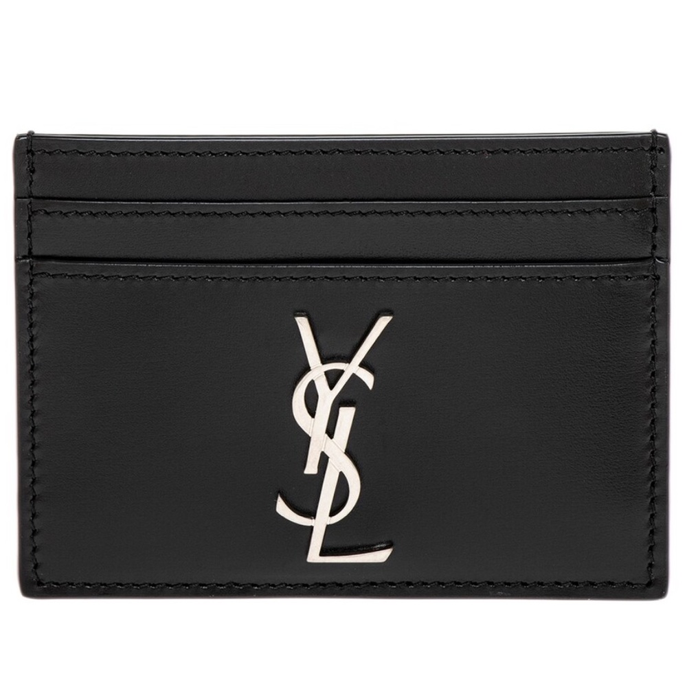 New! - Yves Saint Laurent Cassandre Card Case Black with Silver-toned YSL logo